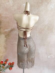 Soleia Casual & Vacation, Western Beach Wedding Guest Outfit, Graduation Brunch Dress, St. Patrick's Day, Spring Break, Easter, Music Festival, Elegant Boho Tropical Halter Backless Mini Crochet Tassel Dress, Spring/Summer New Arrival - Apricot - View 2