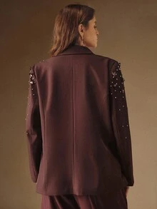 Anewsta 女士新款秋冬水钻亮片装饰长袖街头风休闲西装外套，棕色和酒红色可选，加大码 - 棕色 - 查看 2