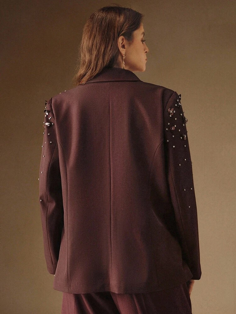 Women's New Autumn/Winter Rhinestone & Sequin Embellished Long Sleeve Street Style Casual Blazer, Available In Brown & Burgundy, Plus Size