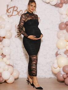 Loomaby Elegant Maternity V-Neck Lace Slit Hem Fitted Dress,Black Maternity Dress,Gender Reveal Dress,Maternity Dress, Baby Shower Dress - Black - View 7