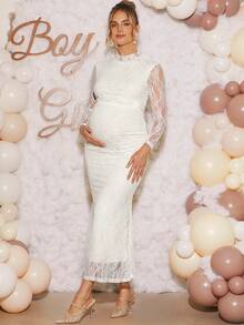 Loomaby 孕妇蕾丝领长袖上衣和可调节腰部修身短裙两件套，优雅 - 白色 - 查看 6