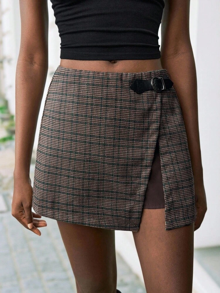 SHEIN Maija Women Asymmetric Hem Plaid Skirt With Waist Buckle Design,Office ,Fall Clothes