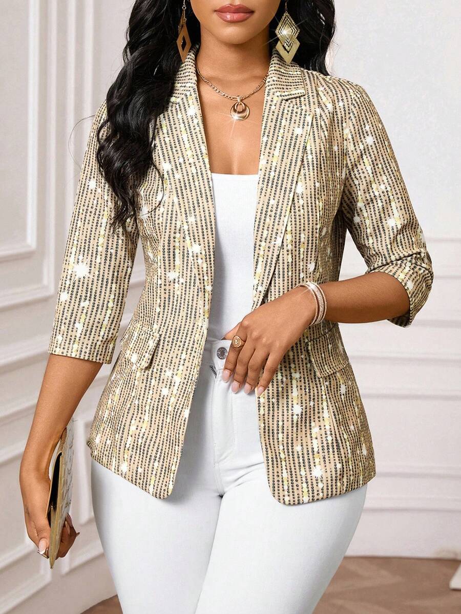 SHEIN Lady 女士亮片翻领3/4袖时尚优雅秋冬薄款夹克 - 彩色 - 查看 1