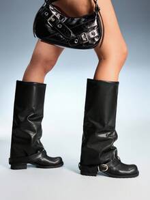 CUCCOO GRLICON Women's Shark Boots With Leather Belt Decor, Square Toe Thick Sole Mid-Calf Boots, Suitable For Halloween, Christmas, New Year, Date Night, Autumn/Winter - Black - View 1