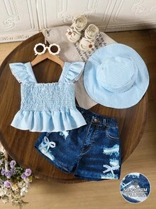 SHEIN 3pcs/Set Girls Fashion Outfit: Striped Top, Hooded Pullover, Faux Denim Pants With Bow Design, Suitable For Stylish Casual And Holiday Wear Young Girls Sets Summer - Multicolor - View 8