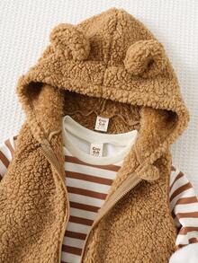 Cozy Pixies 3pcs Baby Boy Striped Knit Soft Crew Neck Long Sleeve Pullover Sweatshirt, Elastic Waist Pants, And Sleeveless Hooded Plush Vest Set Fall Winter - Khaki - View 5