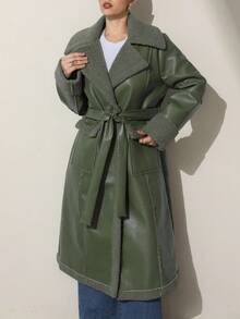 Aveloria Modichic Green Faux Shearling Plus Size Collar Cinched Waist Casual Jacket For Plus Size Women - Green - View 3