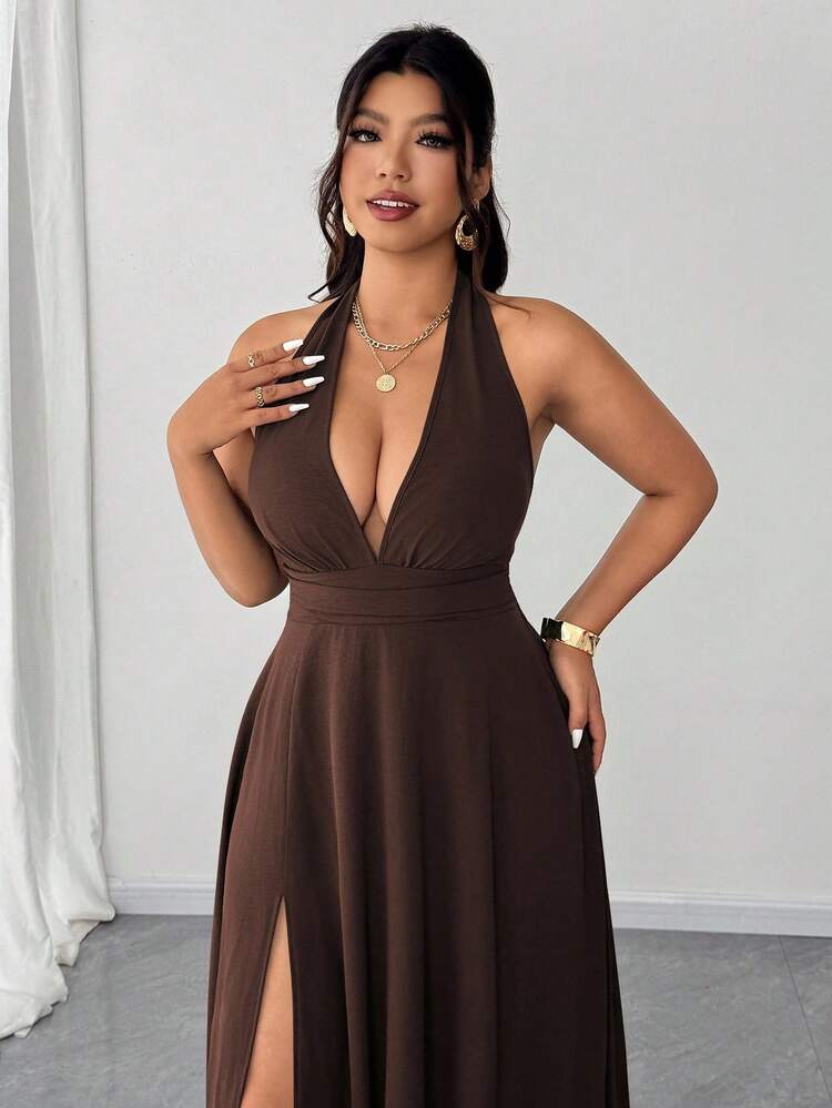 Elenzga Vestido de mujer de talla grande con escote halter profundo en V, abertura alta y espalda descubierta, de estilo sexy y elegante - Marrón - Añade 3