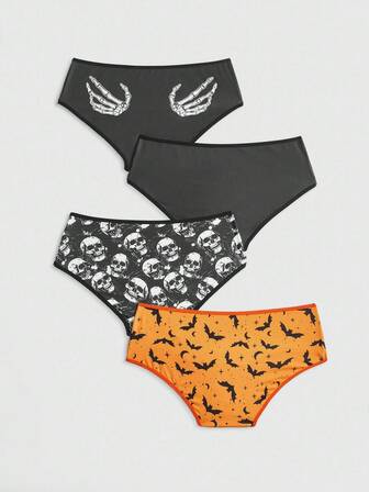 3 pièces/set Culottes pour femmes avec imprimé gothique de chauve-souris, crâne et squelette, thème Halloween
