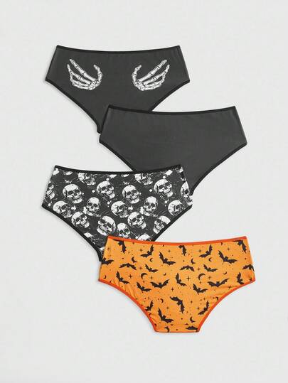 Goth 3pcs/Set Gothic Bat, Skull & Skeleton Print Women's Panties, Halloween Theme
