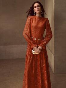 MOTF PREMIUM Váy ren bồng bềnh có khóa kéo - Màu Cam cháy - Xem 3