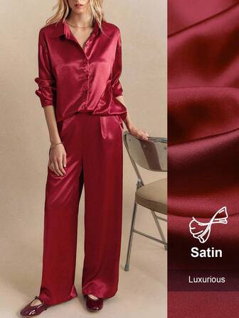 Écloséra Elegant satinblank pendlings- och festblus med långa ärmar och vida byxor i 2 delar för kvinnor