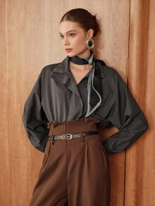 Chiquease Women's Casual Loose Fit Long Sleeve Shirt Western Blouse Western Tops Top With Scarf Black Western Top Gray Blouse  Business Casual Women - Khaki - View 4