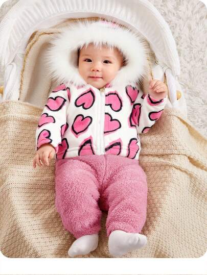 Newborn Baby Girl Cute Versatile Fuzzy Heart Pattern Hooded Jacket, Autumn/Winter Fall