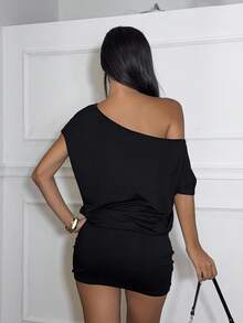 Ronhire Women's Summer Solid Color Asymmetric Collar Short Sleeve Casual T-Shirt Dress, Loose Fit - Black - View 2