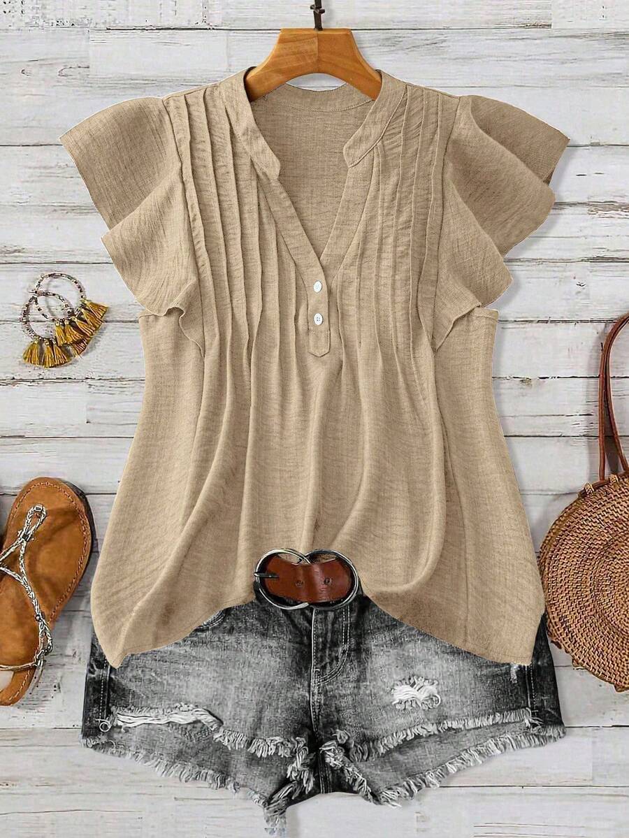 SHEIN LUNE CURVE Áo thun ngày lễ thường ngày cỡ lớn dành cho nữ có nút trang trí - Màu be - Xem 1