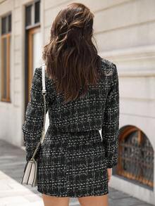 EMERY ROSE 格紋前紐扣短夾克和半身裙 - 黑色 - 查看 2