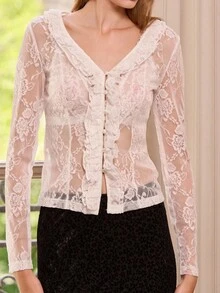 lacRébo Romantic White Lace Blouse With Front Buttons And Ruffle Fall Women Clothes Autumn Winter - White - View 4