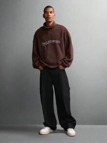 SUMWON 经典半拉链羊毛卫衣 Teddy Sherpa 冬季柔软舒适超大码卫衣立领棕色休闲家居服 - 棕色 - 查看 5