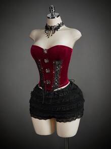 SHEIN ICON Top sexy gotic din dantelă pentru femei, potrivit pentru petrecerea de Halloween, inspirat de vampiri, culoare roșu și negru, corset burlesc gotic roșu și negru - Negru - Vizualizare 5