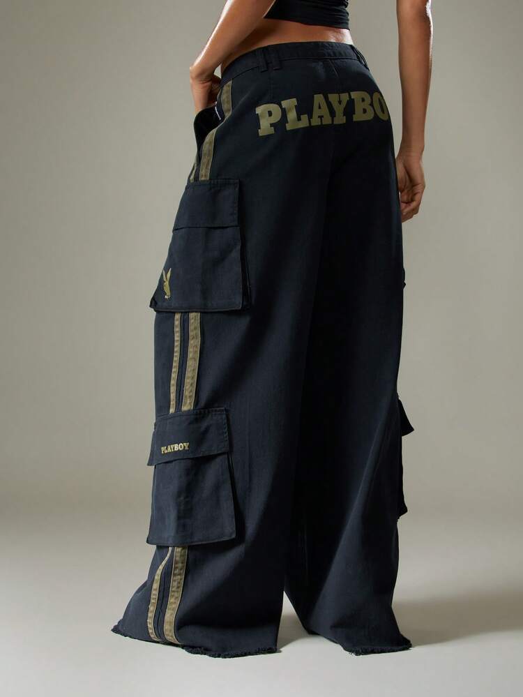 Missguided x Playboy Cotton Wide Leg High Rise Cargo Jeans With Stripe Details Multiple Pockets Loose Fit Denim Trousers For Fall Winter