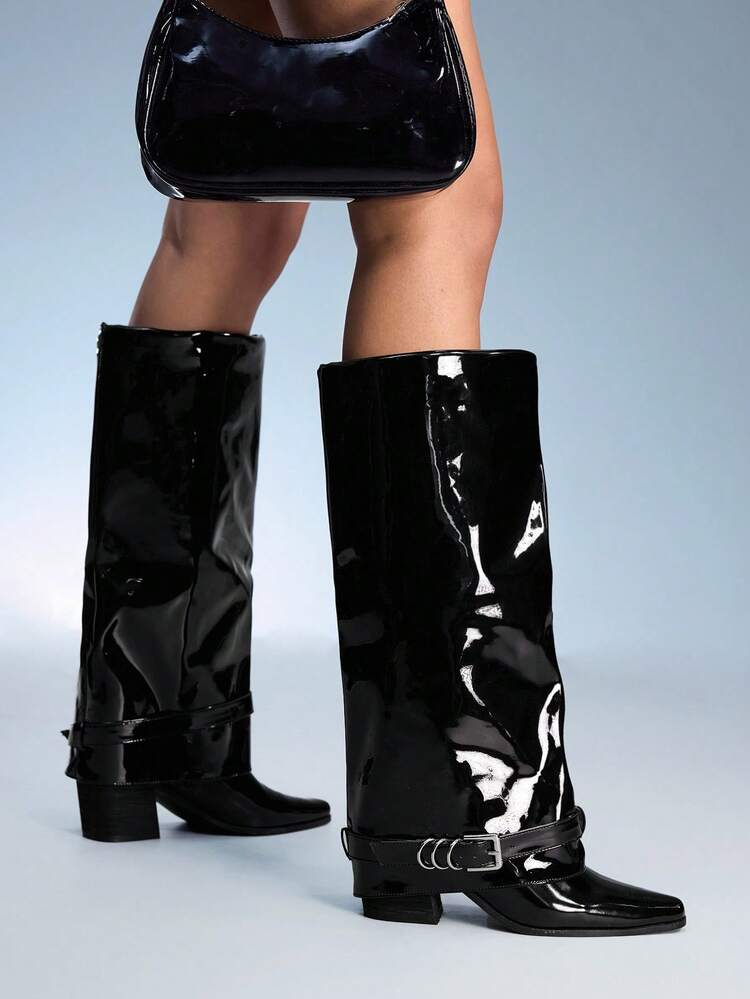 CUCCOO GRLICON Women's Pointed Toe Chunky Heel Glossy Black Over-The-Knee Boots, Pants Boots, Riding Boots, Suitable For Halloween, Christmas, Y2K, Party, Date, Shark Boots, Autumn Black Boots