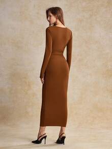 House of One Low V Drape Neck Long Sleeve Rid Knit Long Dress Women Autumn Casual Elegant Wear - Brown - View 2