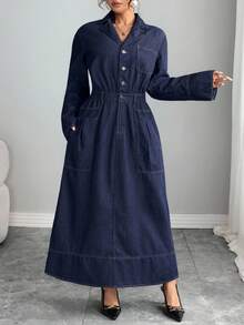 Selianne 通勤淑女风格翻领纽扣腰带口袋牛仔连衣裙 - 深色水洗藍 - 查看 4