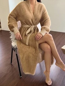 DAZY Women's Long Plush Faux Mink Belted Robe, Warm Home Dress For Winter, Fall Pajama, Cozy Outfit - Camel - View 8