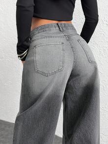 EURMUSE 斜口袋休闲灰色水洗低腰灯笼裤牛仔裤 - 灰色 - 查看 5