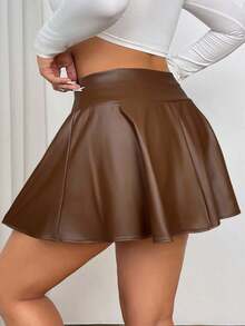 SHEIN EZwear Quần short mini da giả màu nâu cà phê cỡ lớn cho nữ, có quần short và túi tích hợp - Cà phê nâu - Xem 2