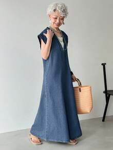 FRIFUL 女式深V领蝙蝠袖短袖宽松休闲牛仔连衣裙