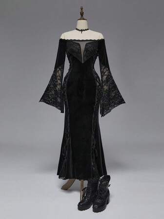 EDITION Abito gotico da donna in velluto e pizzo a contrasto, scollo a V profondo, spalle scoperte, maniche a sbuffo, vita stretta, adatto per Ognissanti