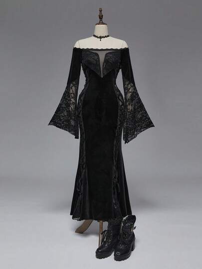 EDITION Gothic Palace Velvet & Contrast Lace Deep V Sheer Off The Shoulder Flare Sleeve Cinched Waist Dress For Women, Halloween