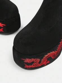 Sugerpunk Women's Round Toe Platform Thick Sole Embroidered Dragon Pattern Suede Slip-On Black Ankle Boots