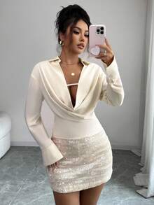 Selianne Women's Elegant Sexy Small Lapel Plunging Neckline Long Sleeve Top - Champagne - View 5