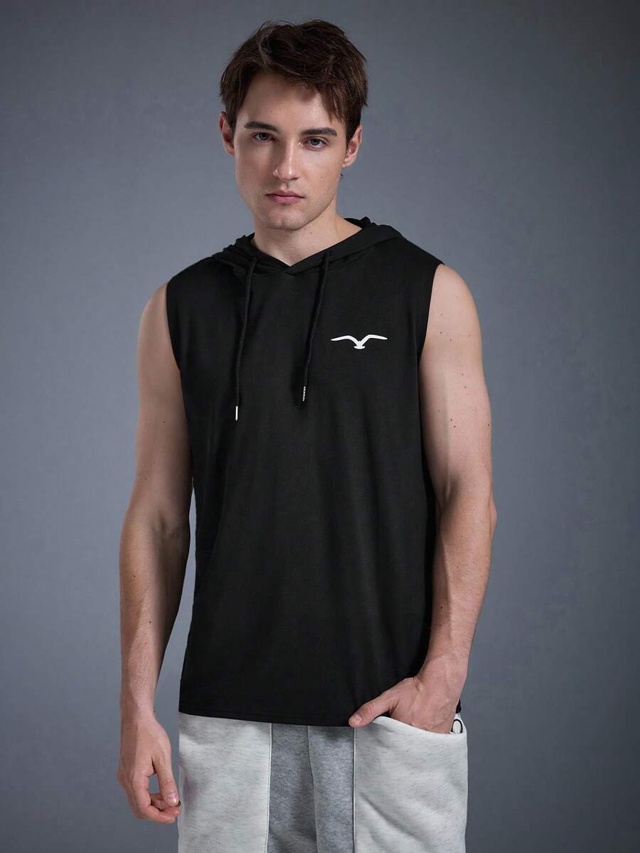 DRIFTMERE Men's Seagull Print Drawstring Hooded Casual Vest Spring To Summer - Black - View 1