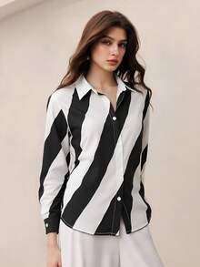 BizChic Camisa de mujer a rayas negras y blancas con botones delanteros, elegante, romántica y versátil, adecuada para invitados de boda, fiestas, conciertos, brunch, aeropuerto y moda diaria, también apta para Halloween y Navidad