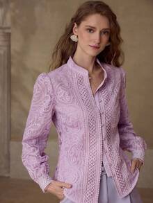 MOTF PREMIUM ÁO BLOUSE CẮT NÚT REN TƯƠNG PHẢN - Màu tím hoa cà - Xem 3