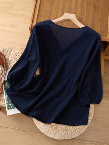 Bluzka Linhara Plus Size damska, elegancka, z długim rękawem i dekoltem w serek, w kolorze żółtym, haftowana, modna na jesienne ubrania