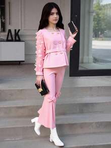 SHEIN Tween Girls 2pcs Minimalist Blazer Design Jacket & Extra Long Flare Pants Set With Mesh Fabric - Pink - View 3