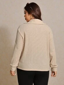 Elaquor Plus Size Women Casual All-Match Solid Color Loose Fit Half Zip Textured Knit T-Shirt, Autumn Plus Size Ribbed Knit Top Plus Size Half Zip Sweater Plus Size Jumper Plus Size Waffle Knit Top Plus Size Sweater