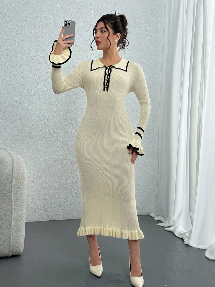 Women's Elegant Color Block Trim Flare Sleeve Fitted Knit Dress, Autumn Sweater Dress