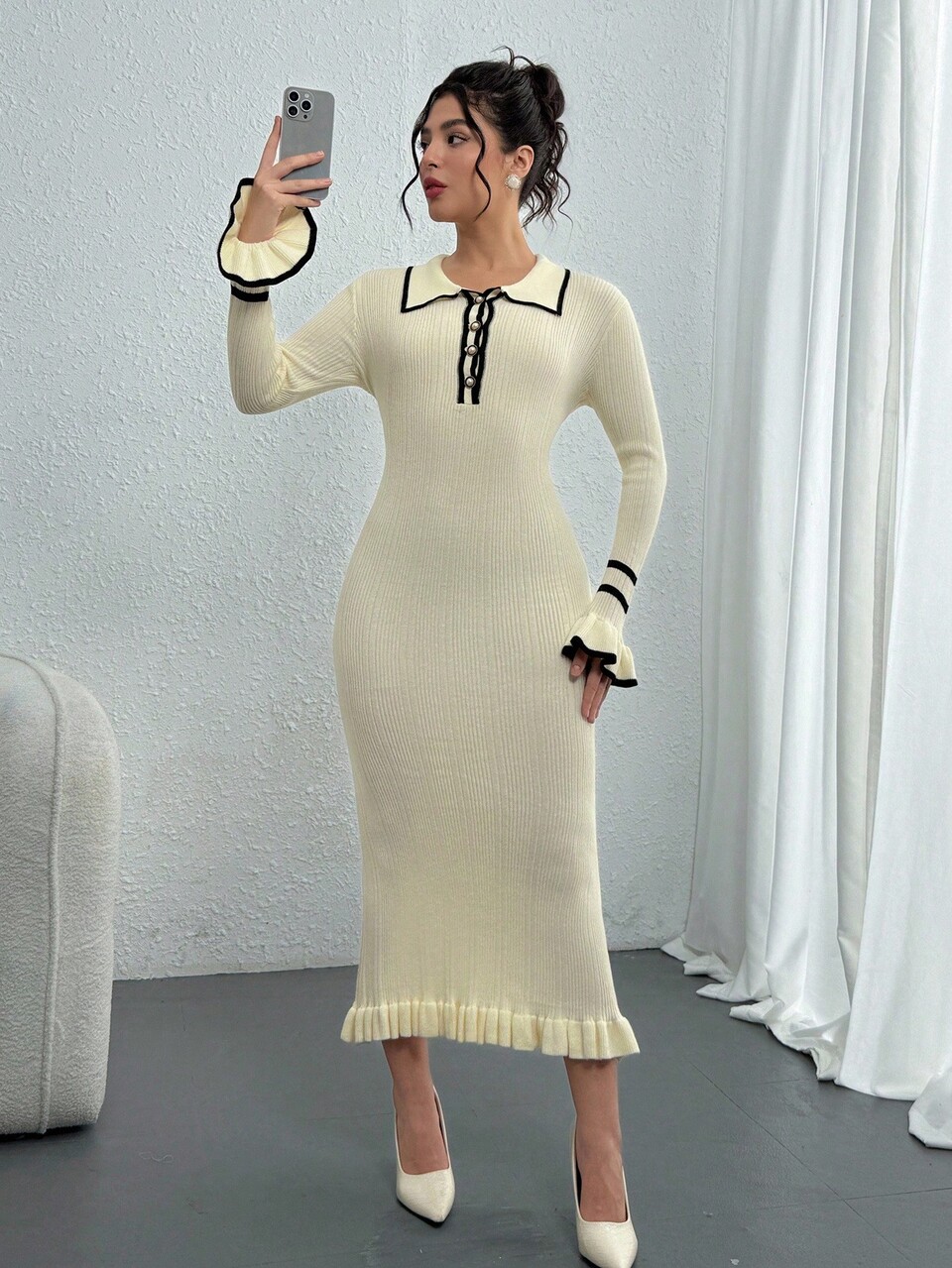 Women's Elegant Color Block Trim Flare Sleeve Fitted Knit Dress, Autumn Sweater Dress