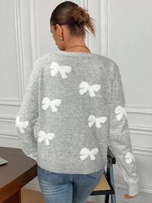 Serisse 女式休闲蝴蝶结装饰插肩袖单排扣针织开衫，秋季 - 灰色 - 查看 2
