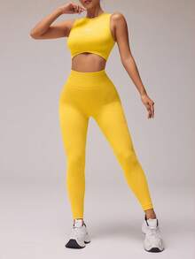 Gameset SHEIN Sport Women Solid Color Round Neck Cropped Tank Top And Leggings Athleisure Set Workout Sets - Yellow - View 5