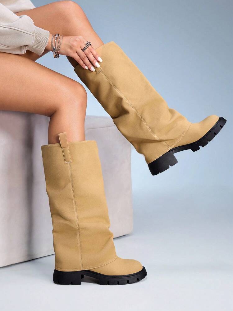 CUCCOO GRLICON Women's New Spring Sweet Cool Street Style Flared Leg Boots, Black Retro Round Toe Knee-High Riding Boots