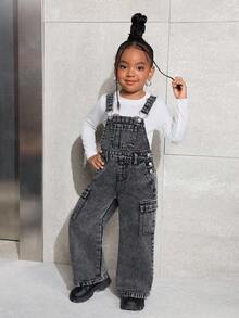 SHEIN 年轻女孩复古破旧灰色牛仔背带裤 - 灰色 - 查看 3