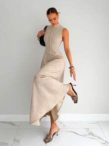 Siren Gaze Solid Color Sleeveless Stand Collar Long Waist Gathered Hem Dress, Elegant Office Wear For Women Beige Dress For Women Neutral Dresses For Women Asymmetrical Dress Slit Dress Corset Dress Summer Evening Dress - Apricot - View 6