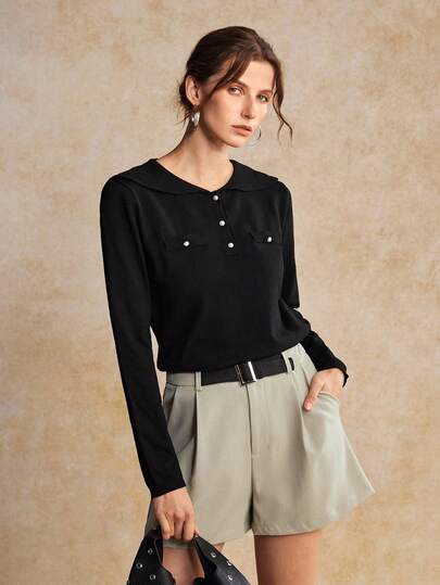 House of One Sailor Collar Button-Up Long Sleeves Black Sweater Top Women Autumn Winter Elegant Casual Wear